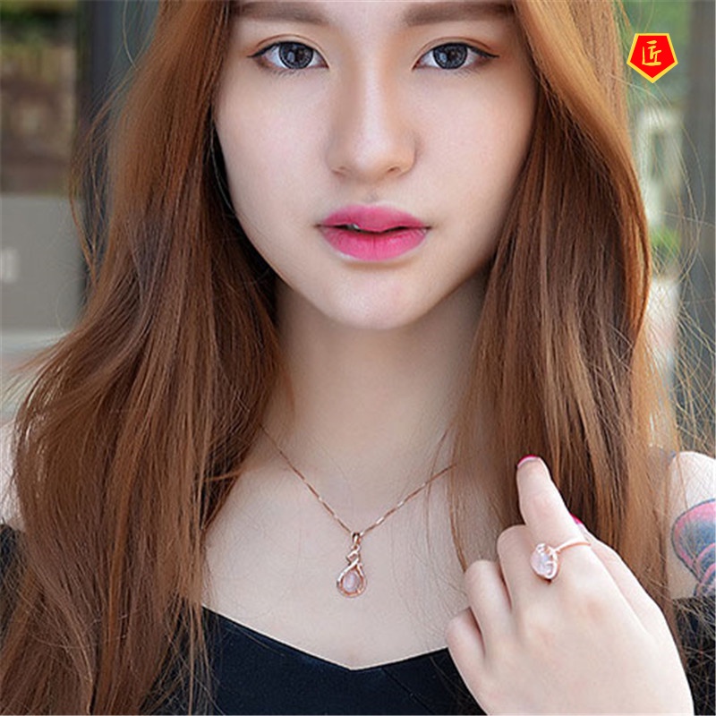 [Ready Stock]Korean Necklace Ross Quartz Pink Crystal Fashion Heart-Shaped Women's Pendant