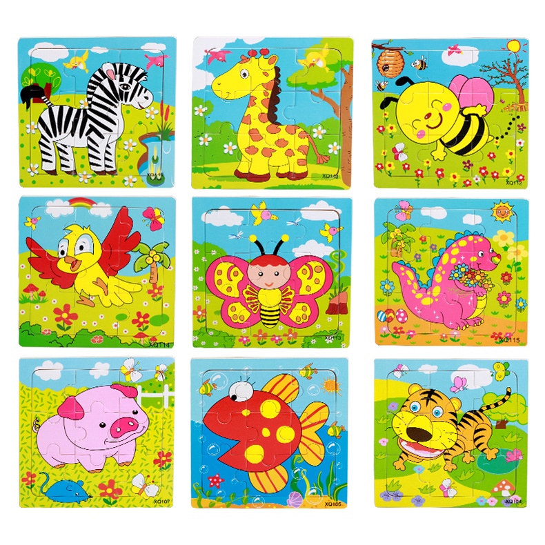 Mainan Edukasi Anak Puzzle 9pcs Untuk Anak 0-3 Tahun Tema Hewan Sayur Transportasi Kayu