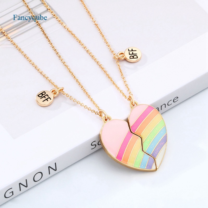 Fancyqube 2pcs / Set Kalung Rantai Liontin Hati Terbelah Aksen Payet Untuk Hadiah Persahabatan