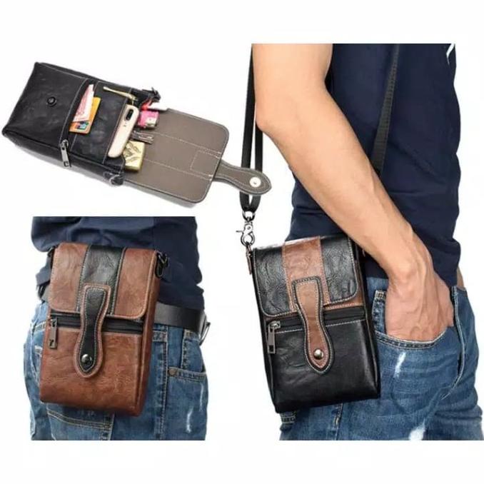 Tas Pria Kulit Selempang Pinggang Import / Tas Hp Travel Universal