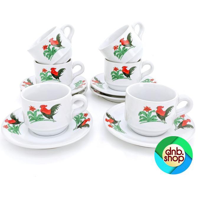 6 Pasang Cangkir Set Kopi Motif AYAM JAGO JADUL / Gelas & Saucer