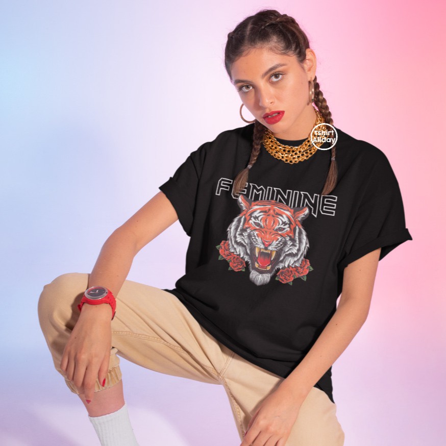 Tshitrallday Kaos Premium Unisex Pria &amp; Wanita bisa Oversize 100% Cotton Combed GRAPHIC FEMININE TIGER