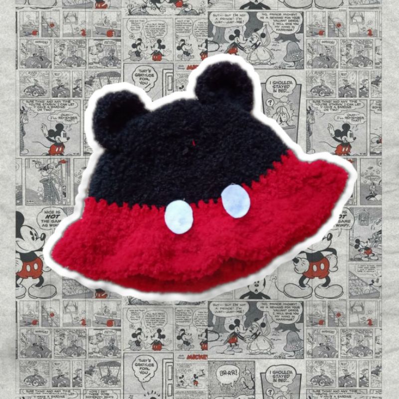 Mickey Mouse Crochet Fuzzy Bucket Hat / Bucket Hat Rajut Bulu Mickey Mouse