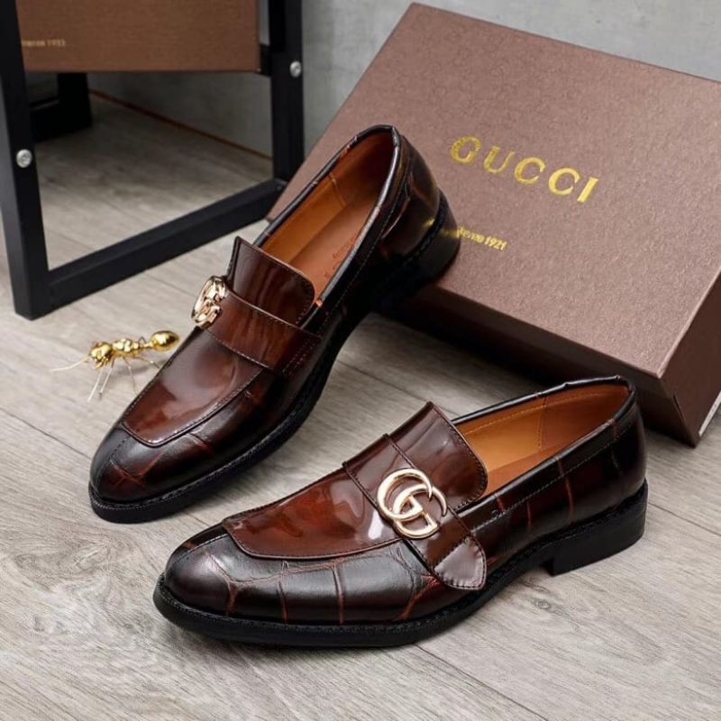 sepatu gucci pantofel mirror quality formal kantor resmi shoes leather brown coklat croco pria