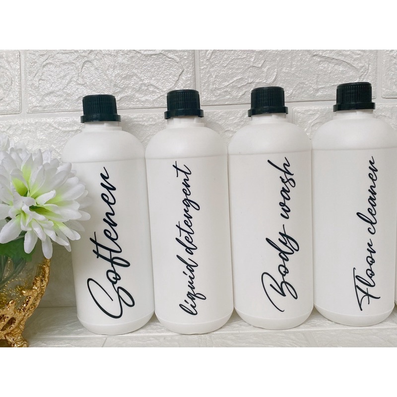 botol PUTIH 1L stiker hitam. aesthetic bottle minimalist refill organizer tempat sabun cair laundry room estetik