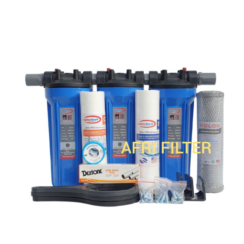 Paket Filter Air 3 Saringan Siap Pakai (Blue 10 Inch Drat 3/4&quot; SSC)