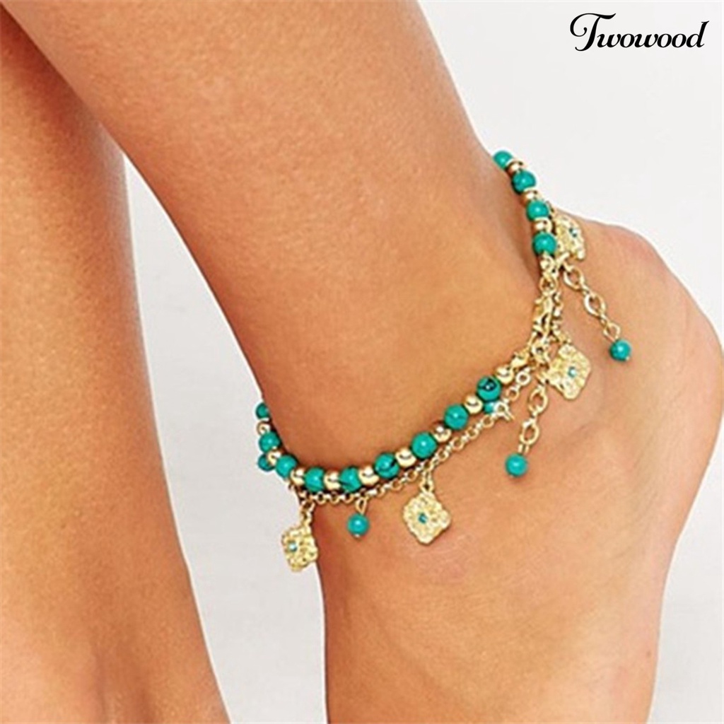 Twowood 2Pcs/Set Ankle Bracelet Faux Crystal Adjustable Alloy Bohemian Faux Turquoise Bead Beach Anklet for Beach