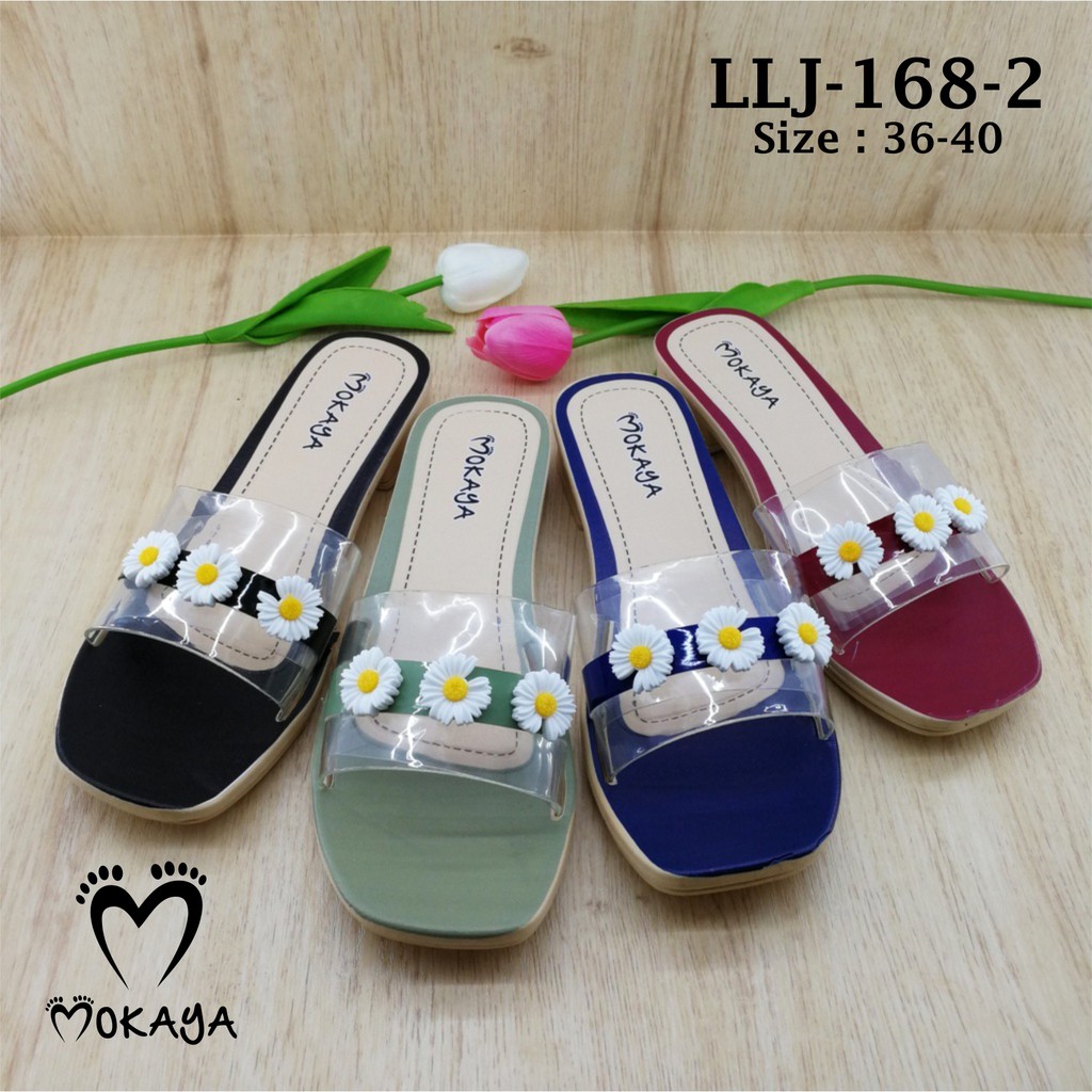 Sandal Slop Wanita hak 2cm Mika Bening 3 Bunga kecil Cantik Import Mokaya / size 36-40 (LLJ-168-2)