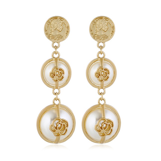 LRC Anting Tusuk Fashion Alloy Inlaid Pearl Stringed Ring Flower Earrings F40672