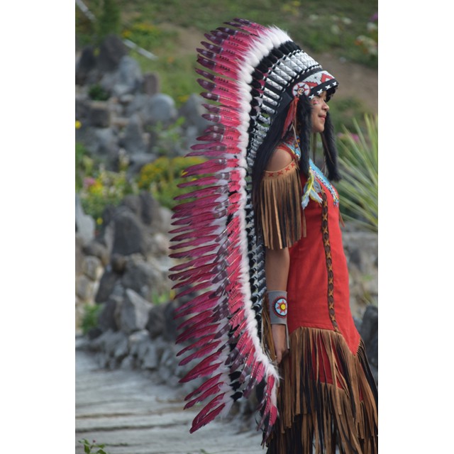 TOPI INDIAN - INDIAN HEADDRESS LONG ANGSA MONTE MERAH TUTUL HITAM FUR PUTIH