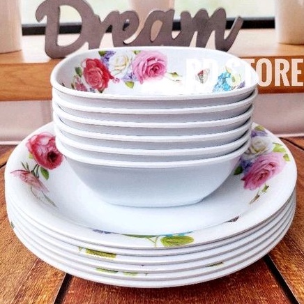 PROMO 12.PCS SET 6.PIRING 6.MANGKOK MELAMINE MOTIF ROSE