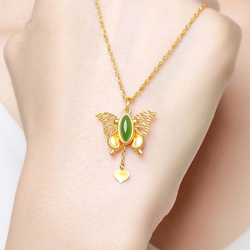 [Ready Stock]Fashion Gold-Plated Inlaid Green Jade Butterfly Pendant Necklace