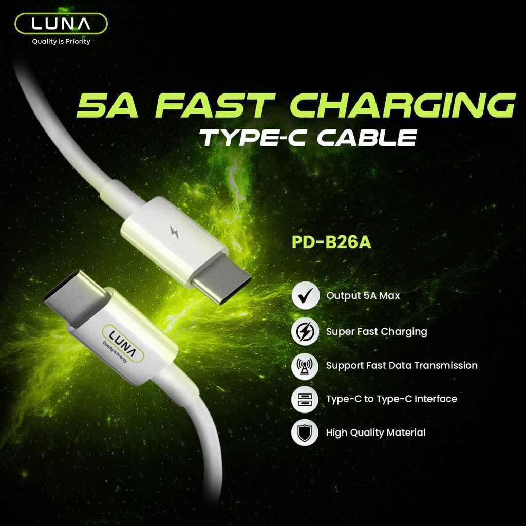 Luna Kabel Data Type C to C USB Cable PD B26A Super Fast Charging 5A 1M For Samsung Power Delivery