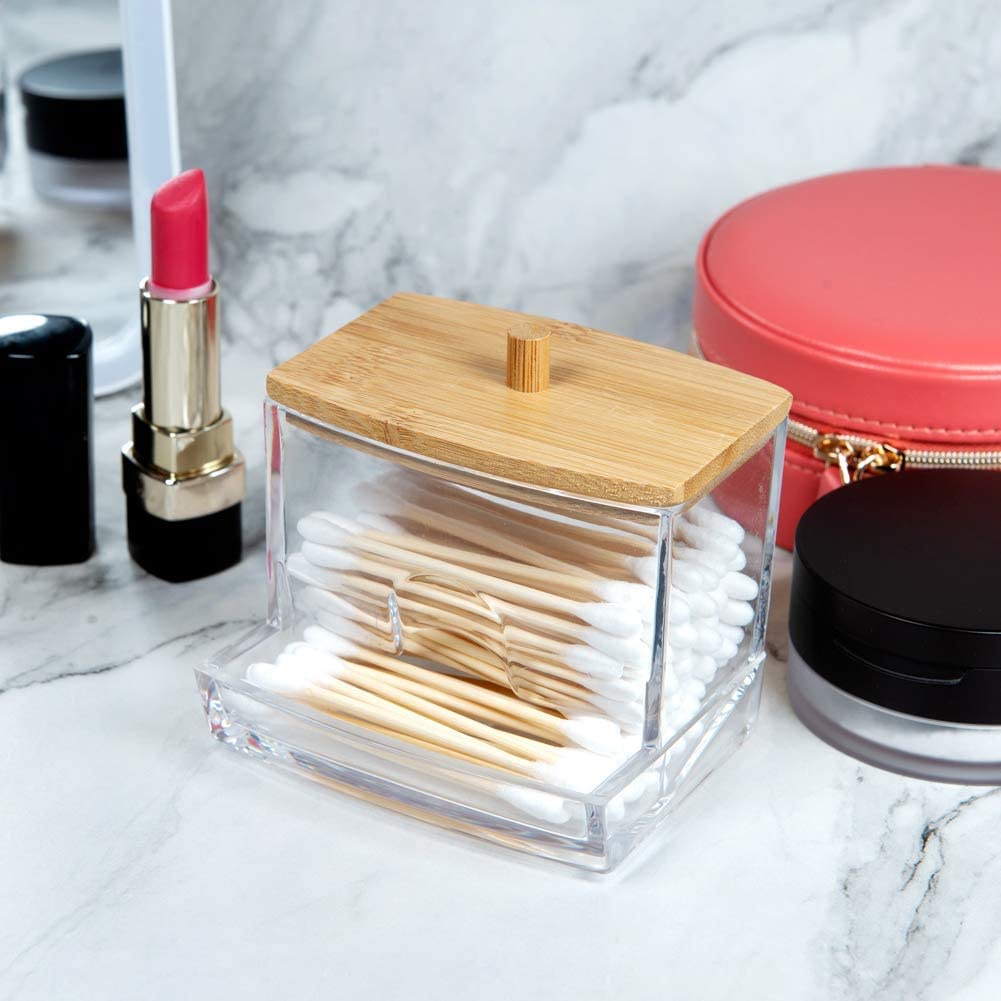 Rak Tempat Penyimpanan Cotton Bud Make Up Beauty Tools Acrylic Dispenser Kapas Wajah Lipstick Puff Storage Organizer AestheticMeja Rias Kotak Transparent with Bamboo Lid