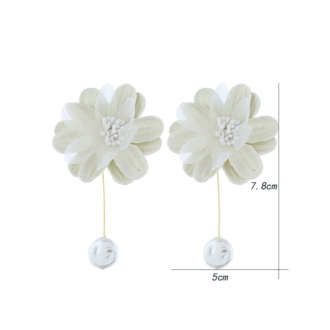 LRC Anting Tusuk Fashion White Flower Pearl Tassel Earrings F49290