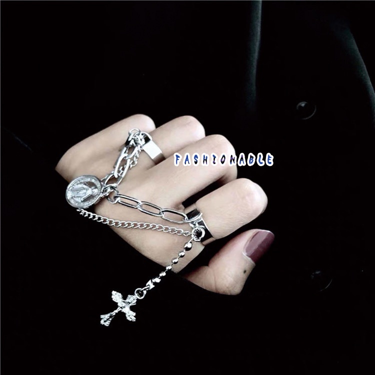 Selebriti Internet Hip Hop Kata berdiri Yesus cincin Harajuku gelap wind double rantai jari cincin u