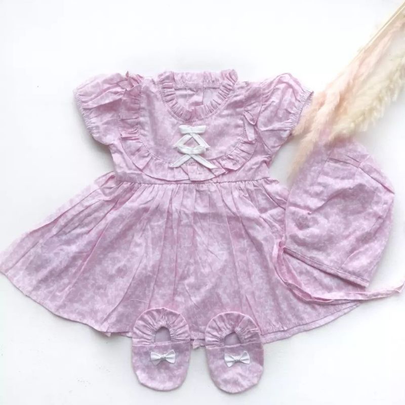 Dress bayi 0 6 12 bulan set sepatu bandana / bonnet Setelan Baju bayi Perempuan 100% Katun SNI Pakaian anak Cewek-0-6bln key pink
