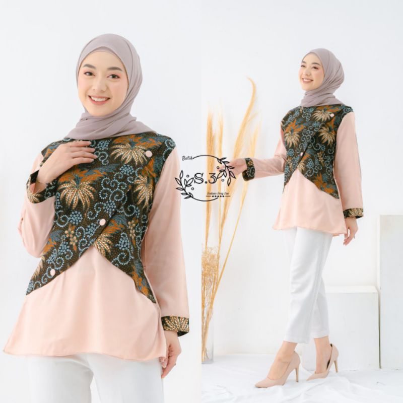 Atasan Batik Wanita Modern / Blouse Batik Kombinasi Mosscrepe Size M, L, XL ( ORIGINAL )