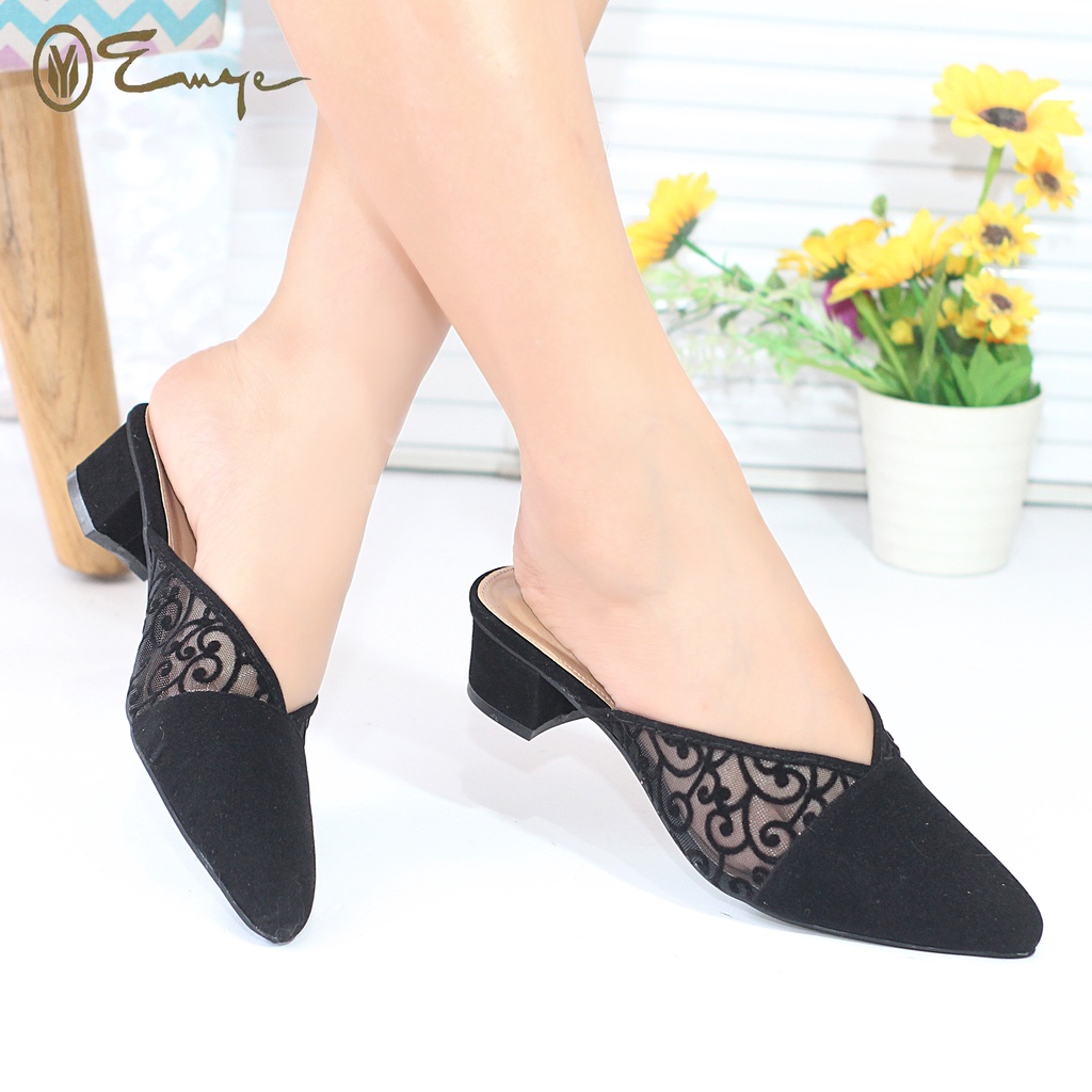 Sandal Hak Tahu EMYE MULES Wanita Brukat Jala 3cm