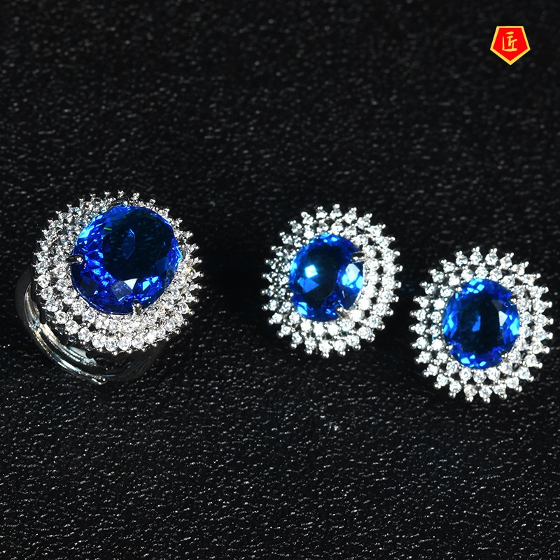 [Ready Stock]Luxury Double Layer Full Diamond Necklace Set Rings Stud Earrings