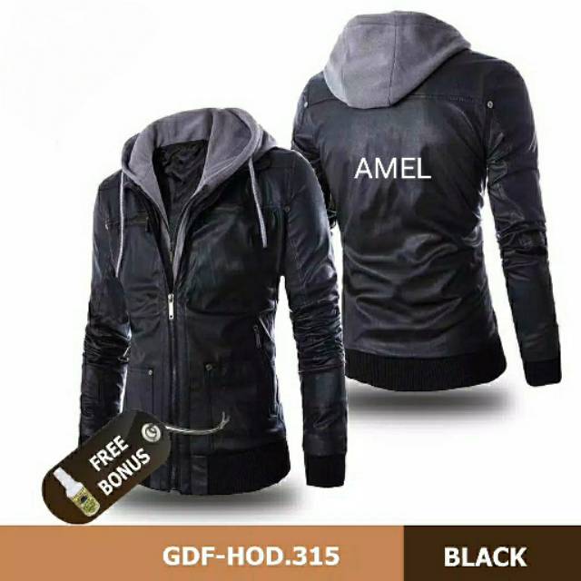 JAKET SEMI KULIT PRIA HOODIE POLYESTER [JAKET KULIT SINTETIS/PU LEATHER]