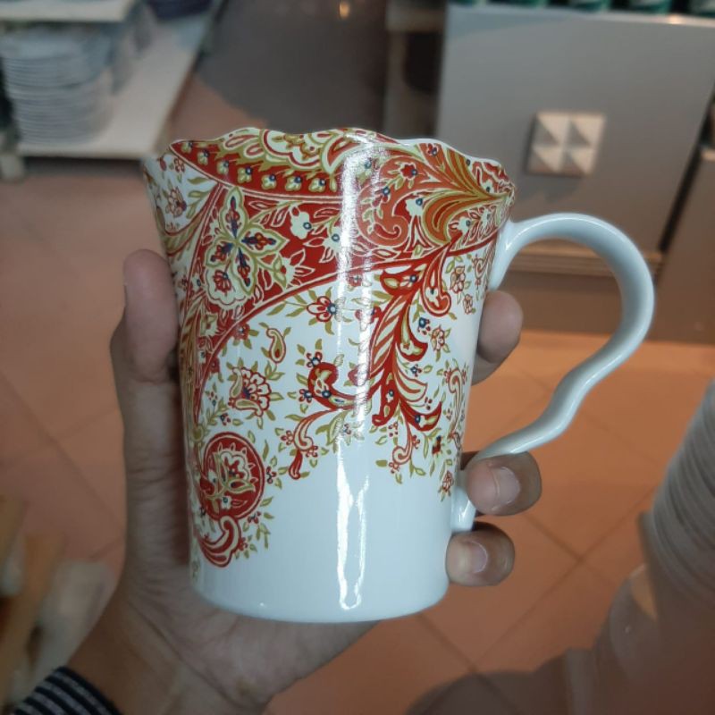 BATIK MUG GELAS KERAMIK SANGO MOTIF UKIR KOLEKSI KLASIK ANTIK HIAS DEKOR DAPUR CANTIK MERAH