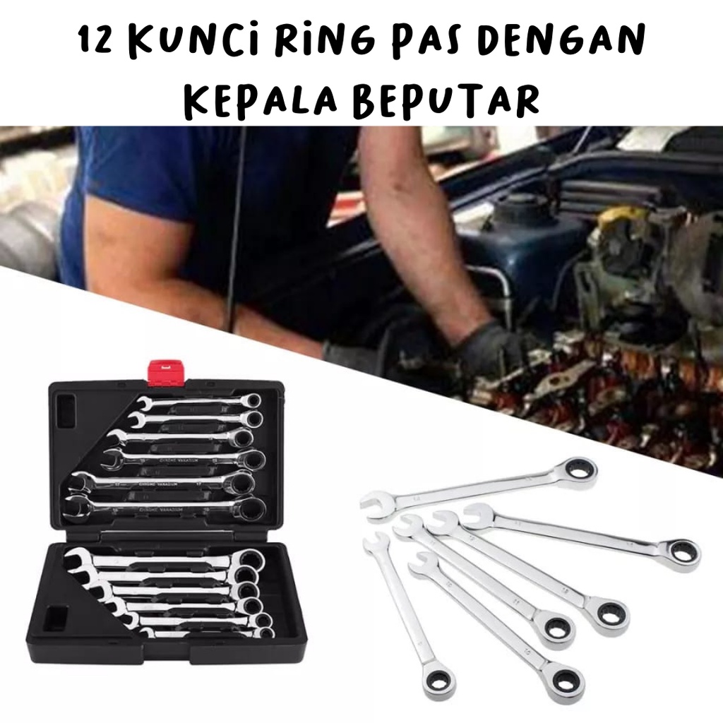 KUNCI RING PAS DENGAN KEPALA BERPUTAR SET 12 PCS