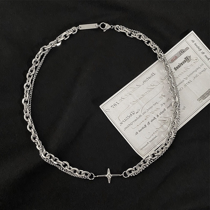 Kalung Rantai Liontin Salib Aksen Berlian Imitasi Bahan Stainless Steel Untuk Pasangan Pria / Wanita