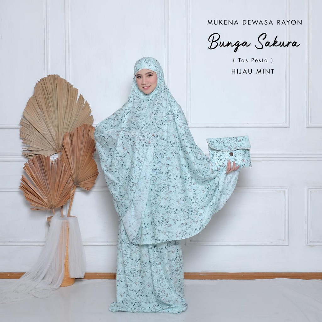 PUSAT MUKENA TASIK - MUKENA DEWASA RAYON RENDA BUNGA SAKURA (TAS PESTA)