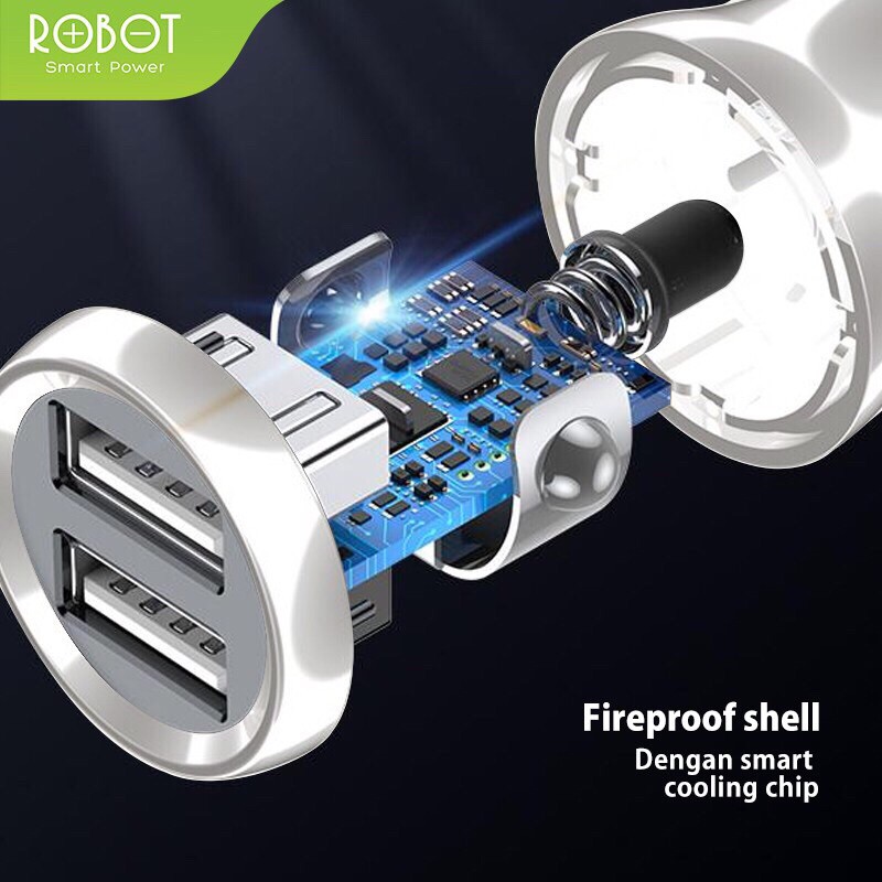 ROBOT RT-C07 Car Charger Colokan Mobil - 2 Port USB - Free Kabel Micro USB - Garansi Resmi 1 Tahun