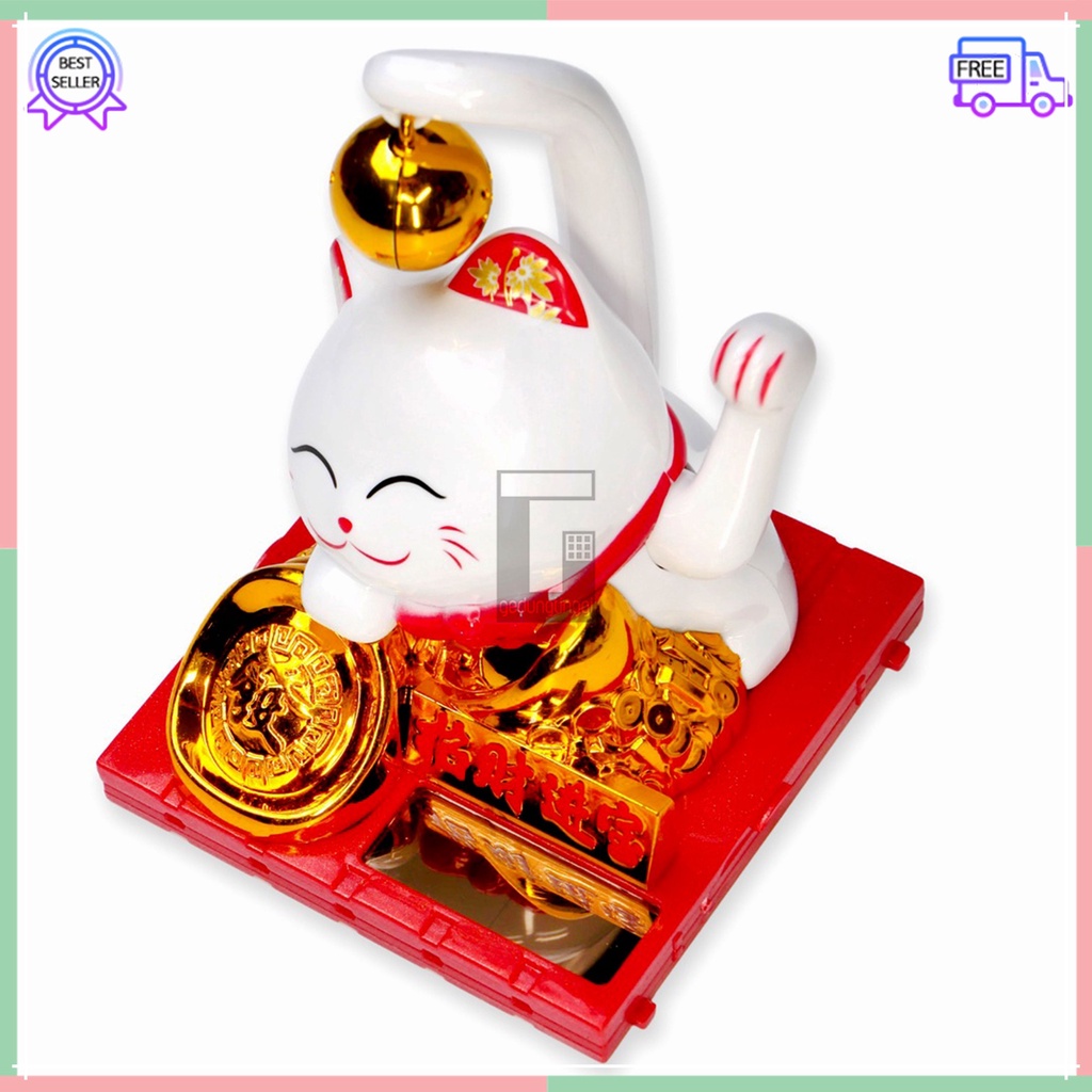 Pajangan Patung Hiasan Kucing Hoki Maneki Neko Maneko Neki Keberuntungan Rejeki Rezeki Lucky Cat Tangan Goyang Gerak China Cina Jepang Solar Non Baterai Batre Batrai Listrik Meja Toko Kasir Dashboard Mobil Ukuran Size Besar Kecil Small Sedang Medium Murah