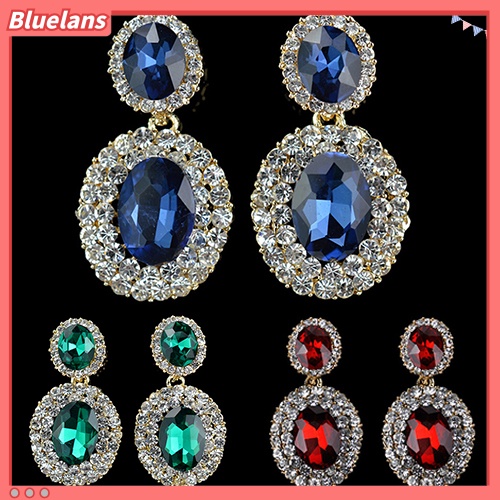 Bluelans Women Vintage Luxury Geometric Oval Rhinestone Pendant Dangle Drop Earrings