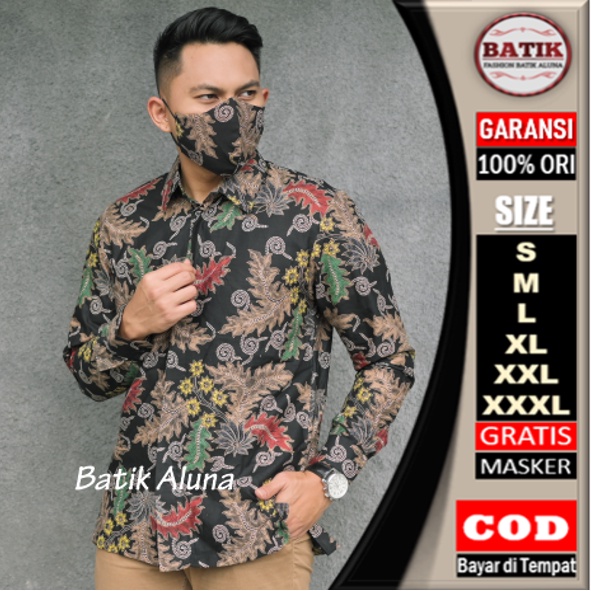 Baju Batik Pria Premium Lengan Panjang Modern Full Furing Slimfit Batik Solo Katun Prima Hem Batik Aluna Reguler atasan slim fit modern jumbo cowok bahan katun terbaru mewah dewasa mens dewasa jumbo kekinian Pria Lengan Panjang PL 109