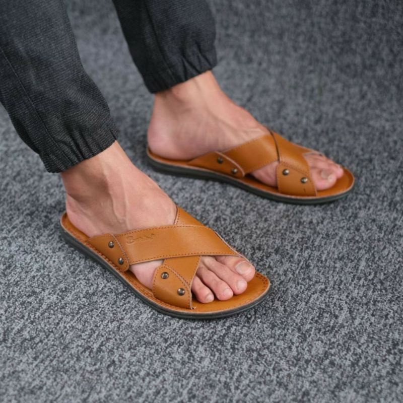 BRLN 003 Tan Sandal Casual Pria Full Kulit Asli Sendal Selop Santai Murah