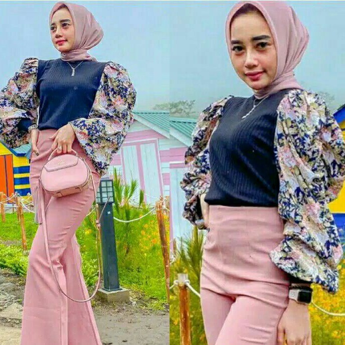 Realpict ZrCarnation Baju atasan blouse puff rajut import wanita baju blouse rajut cewek balon murah