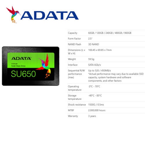 ADATA SU650 120/240GB/480 SATA III NAND Flash 3D NAND  ( R/W Up to 520 / 450MB/s )