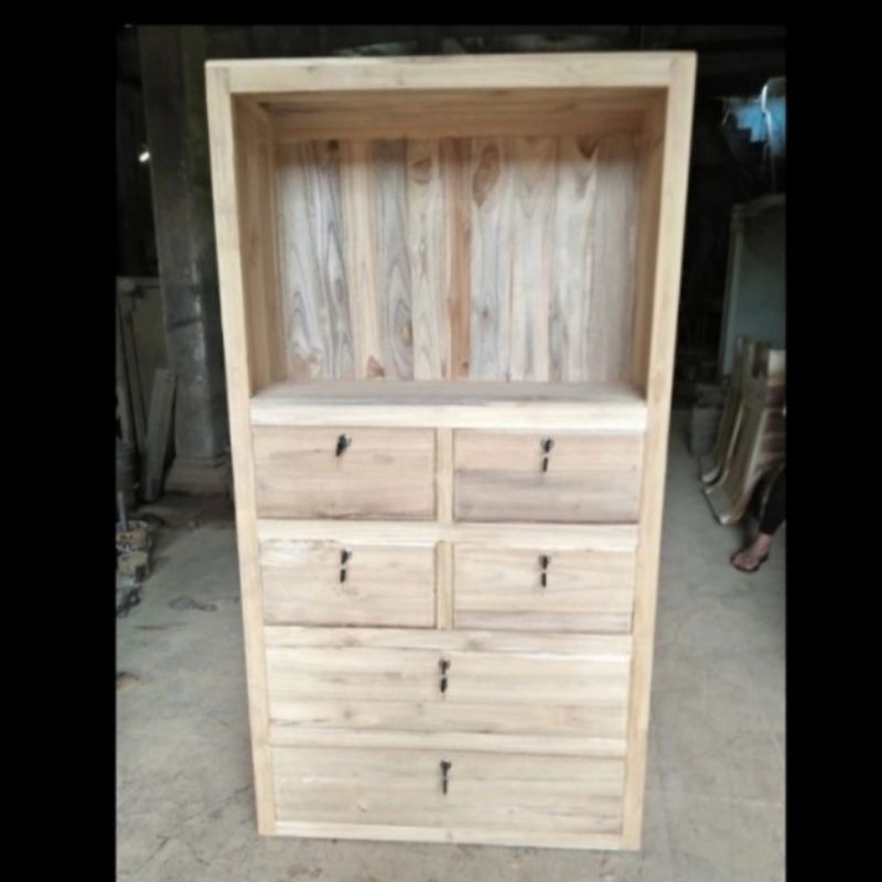 Rak buku lemari laci nakas tinggi kayu jati mentahan jepara