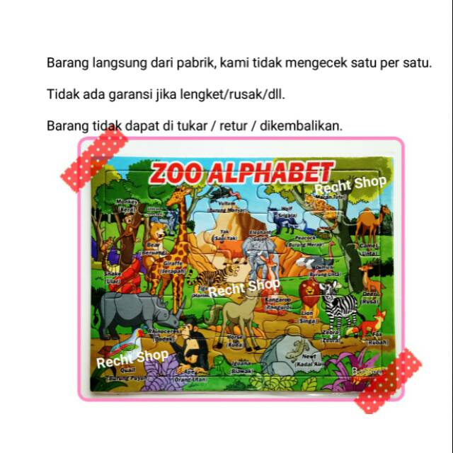Puzzle mainan anak karakter kebun binatang zoo alphabet