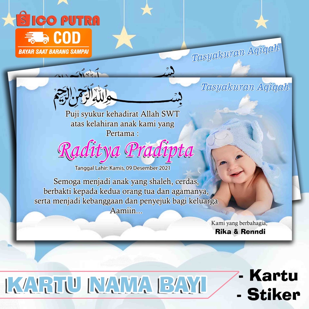 Kartu Nama bayi blue Tasyakuran Aqiqah