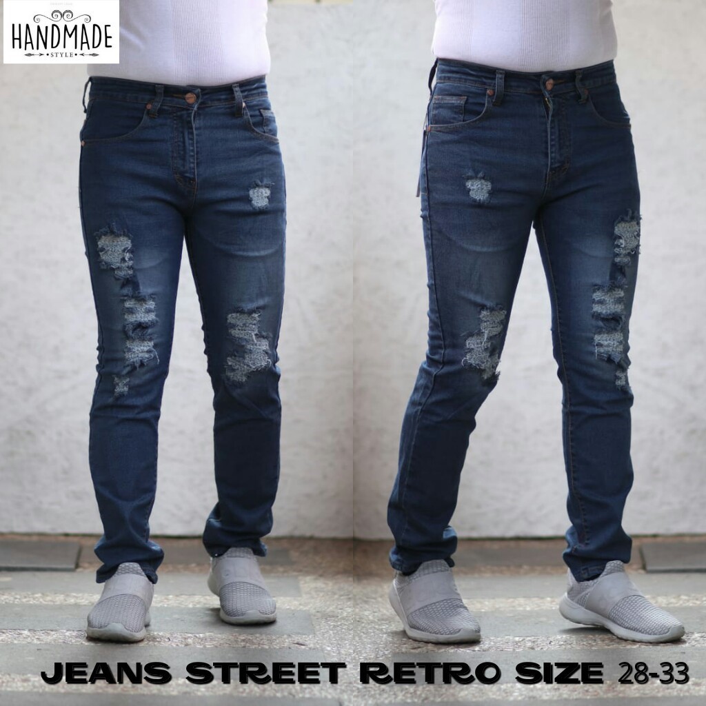 Celana Jeans Pria Skinny Biker Motor Ripped Knee Rips Sobek Robek Black Denim Streact Berkualitas S0