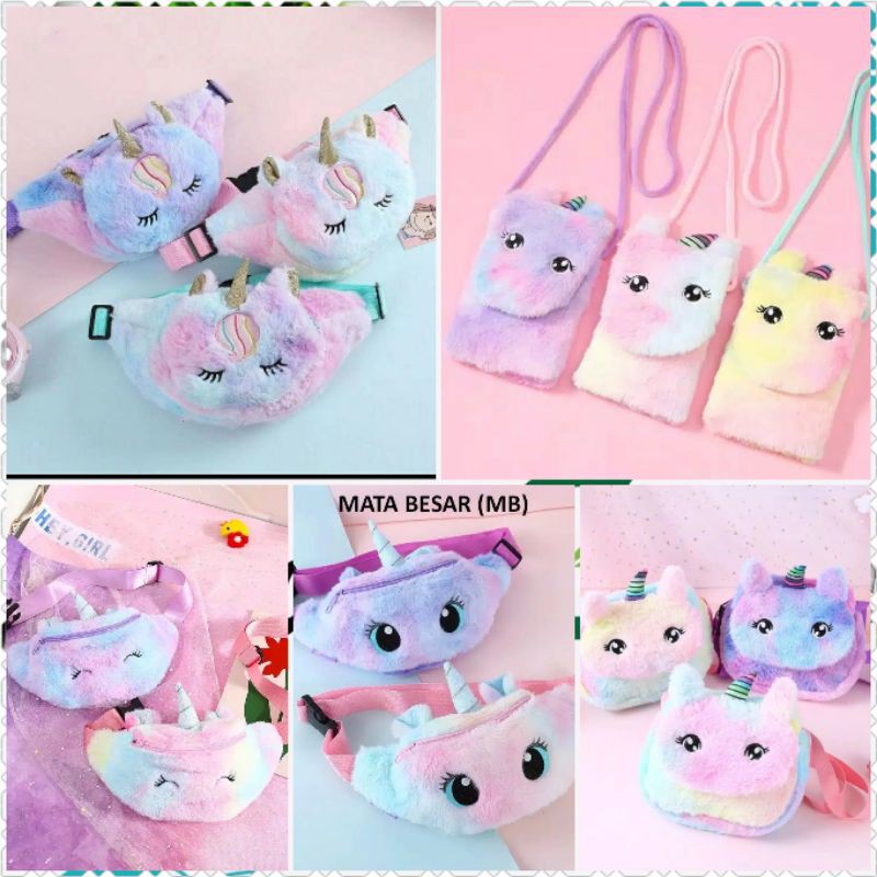 Tas selempang anak motif unicorn/tas pinggang anak unicorn/tas import anak unicorn bulu lembut/tas jelly pop it