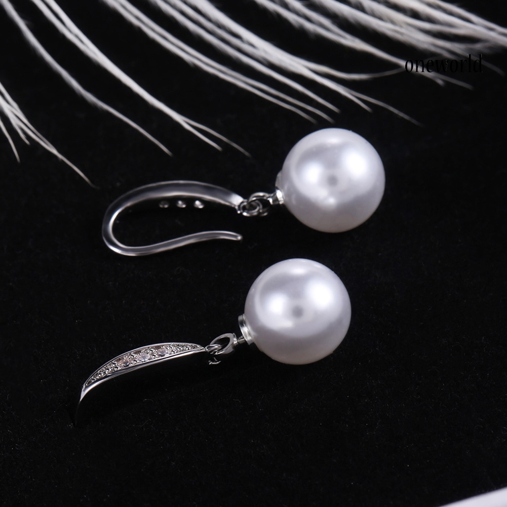 OW# Elegant Women Rhinestone Inlaid Faux Pearl Dangle Hook Earrings Jewelry Gift