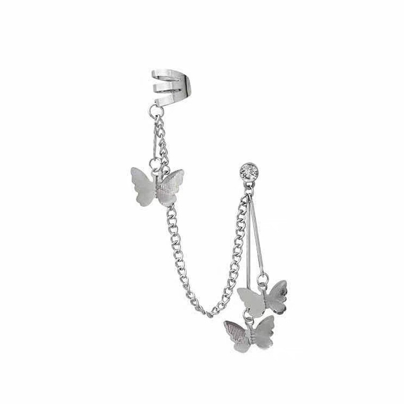 Anting korea wanita panjang model tusuk tindik ring rantai gantung rumbai earring untuk cewek gaul edgy motif kupu mahkota daun warna emas silver import-Kupu 2 Hitam
