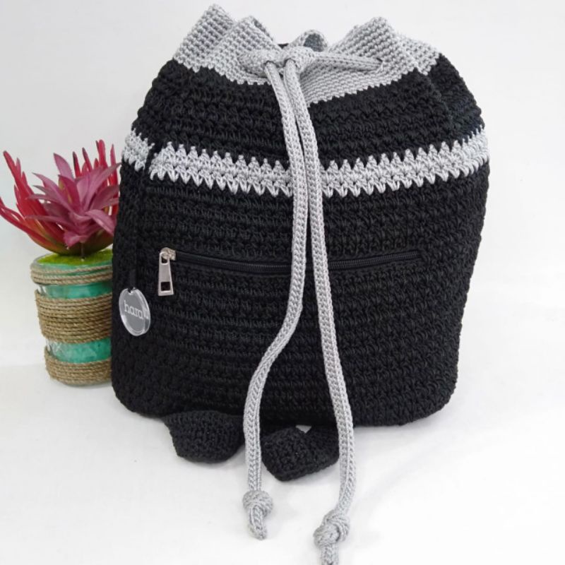 Ransel Rajut Hara/ Tas Ransel Cewek/ Ransel Wanita warna Hitam Abu/ Tas Ransel Preloved