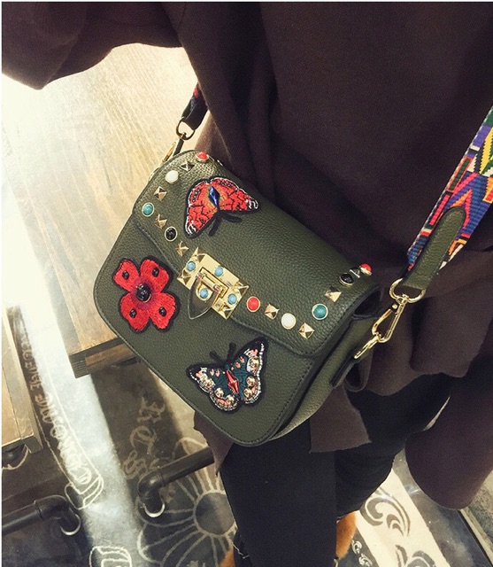 Tas Selempang wanita kulit sintetis Flower Embroidery mini Slingbag PU Import bordir bunga strap kanvas