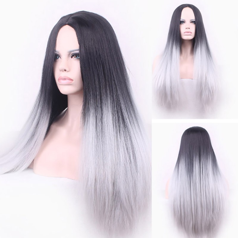 beauty.corner Wig / Rambut Palsu Panjang Lurus Warna Ombre Abu-abu + Hitam Bahan Fiber Tahan Panas