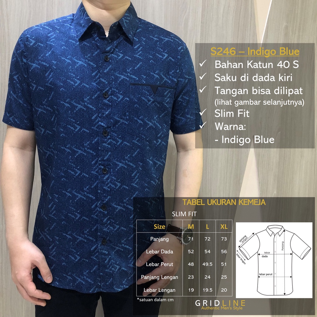 [GRIDLINE - S295 Triangle Navy &amp; Black ] Kemeja Pria Katun Lengan Pendek Motif Segitiga Casual Slimfit Best Seller Simpel Keren M-XXL