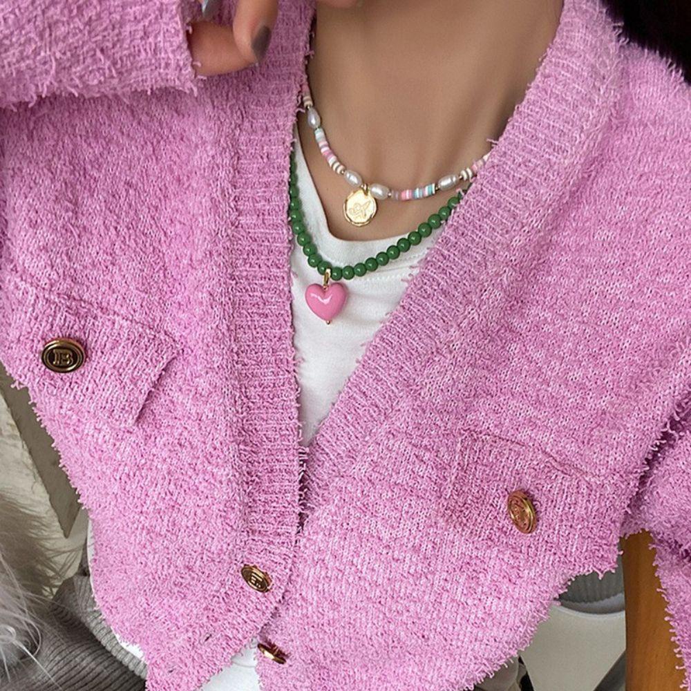 Needway  Sweet Korean Style Necklace Niche Bead Neck Chain Love Heart Earrings Necklace Design Sense Women Jewelry Clavicle Chain Great Gift Fashion Jewelry Girl Pink Heart Earrings