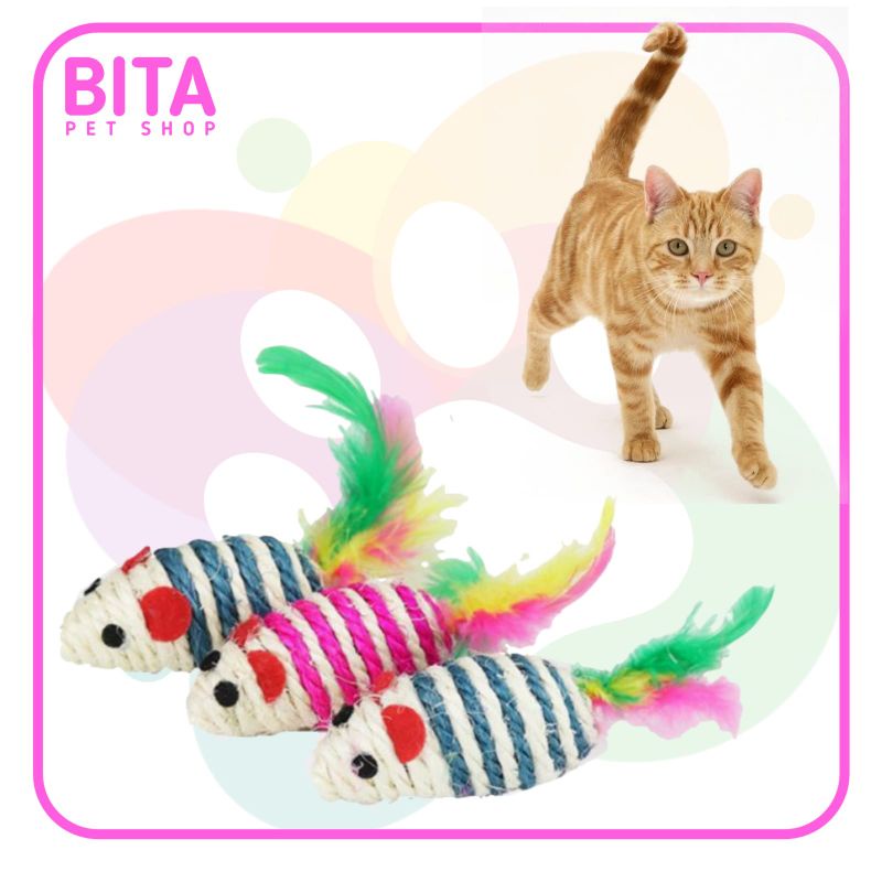 Mainan Tikus Rajut Tali Rotan Bulu / Mainan Kucing Per PCS