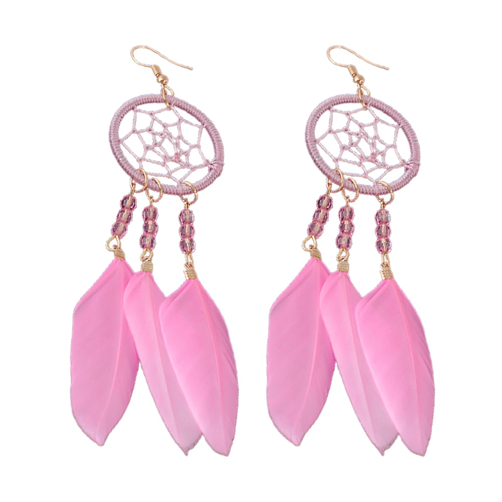 Hu Hu Hu Hu Hu Alat Bantu Pasang Kacamata♡ 1 Pasang Anting Desain Bulu Dream Catcher Hollow Out Gaya Etnik Bohemia